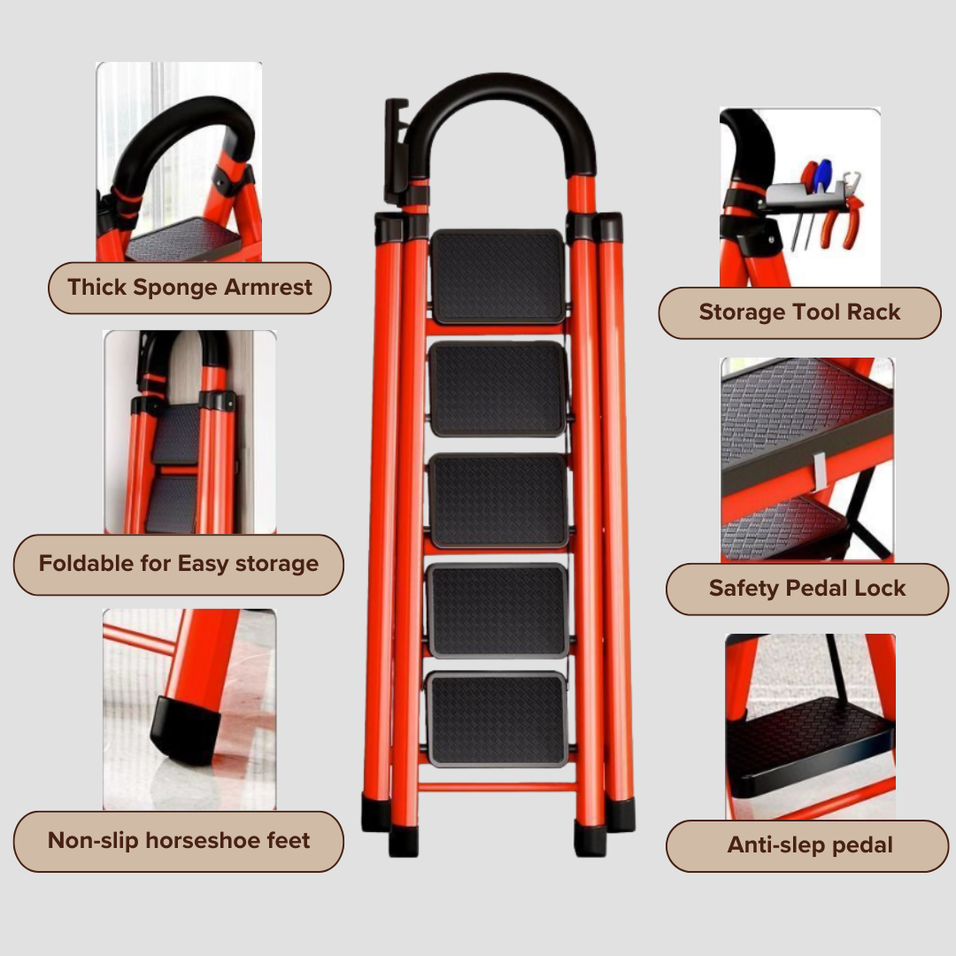 Heavy-Duty Home Ladder | Foldable | Anti-Slip | 4 to 6 Steps (Black / White / Red)